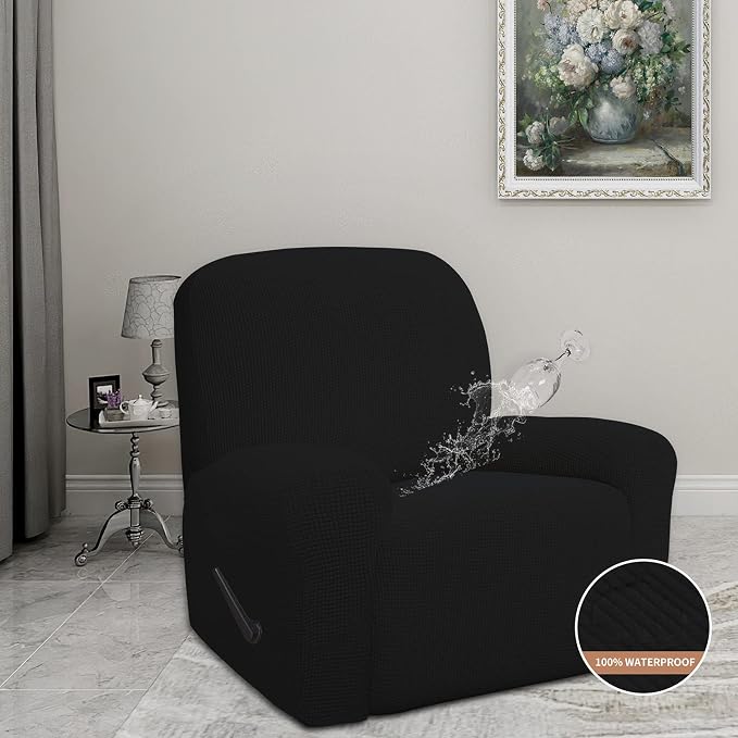 Easy-Going 100% Waterproof Recliner Chair Cover，1-Piece Recliner Slipcover | Dual Waterproof Couch Cover for Recliner，Leakproof Furniture Protector for Kids Pets Dog Cat Daily Stain, Black