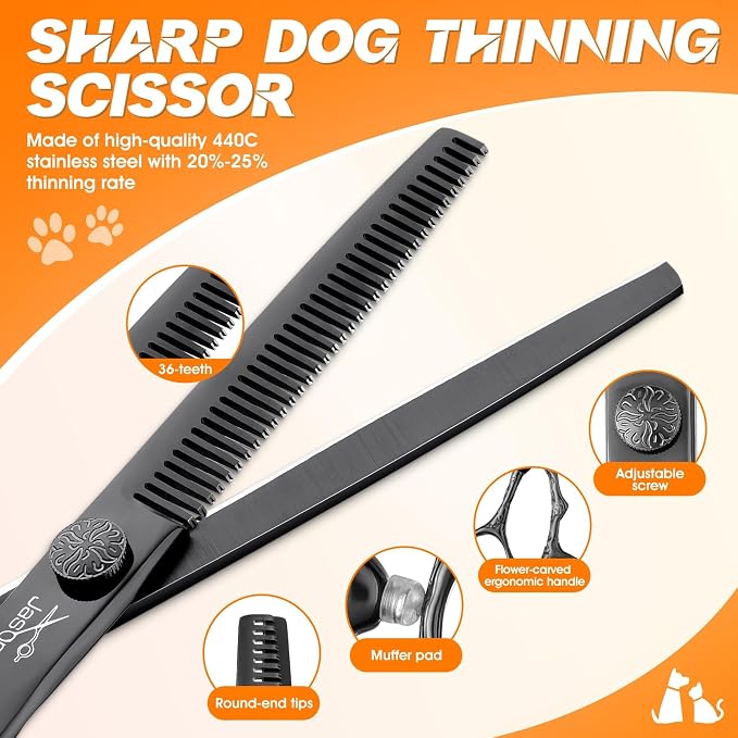 JASON Dog Grooming Scissors Set - Professional 6 in 1 Pet Shears Kit | 6.5" Thinning, 7" Straight, 7" Up-Curved, 7" Down-curved Shears and Comb for Cat Pet with Adjustable Screw, Black