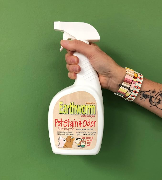 Earthworm Pet Stain Remover & Odor Eliminator - Urine Eliminator Natural Enzyme Formula, Fragrance Free Spray - 22 oz
