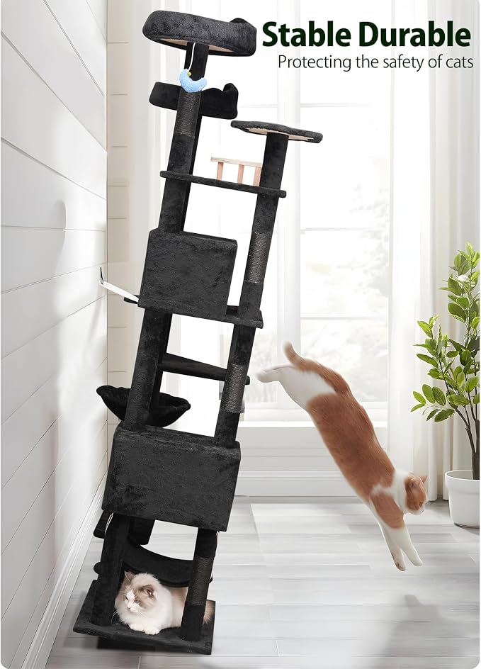 Meecal 79inch Giant Cat Tree for Indoor Cats Large Adult, Multi-Level Heavy Duty Cat Tower with Scratching Post, Cat Condo with Hammocks & Plush Perches, Black