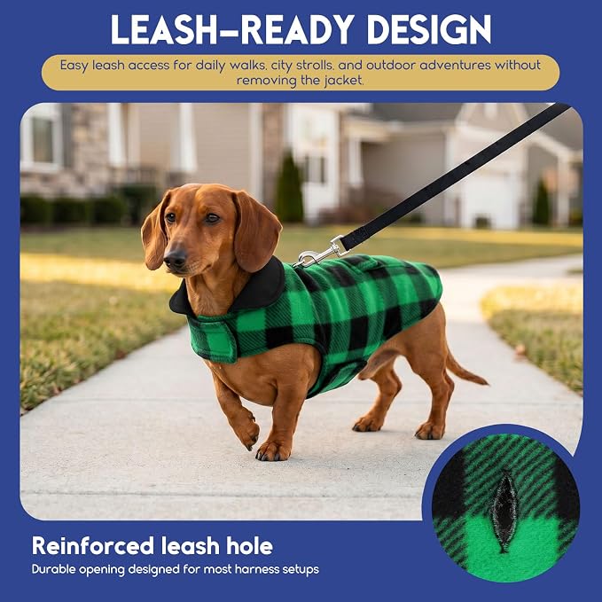 ASENKU Reversible Dog Winter Coat, Dog Jacket for Small Medium Large Dogs | Windproof Plaid Fleece Lining for Cold Weather, Water-resistant Outer Shell, Puppy Puffer Vest with Leash Hole, Green XS