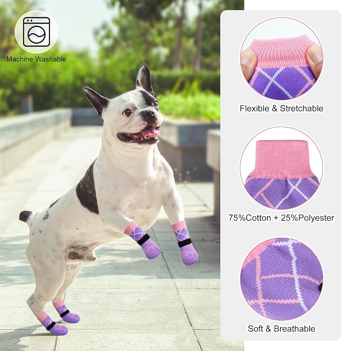 BEAUTYZOO 6PCS Dog Socks to Prevent Licking Paws, Anti Slip Dog Shoes for Hot Pavement Hardwood Floors, Traction Control Toe Grips Boots & Paw Protector for Small Medium Large Senior Dogs, Purple L