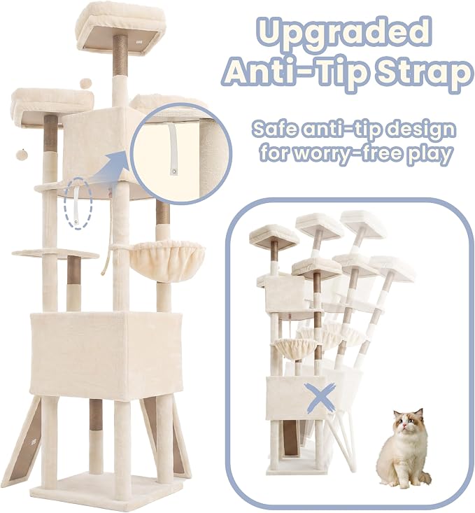Cat Tree, 81.1" Tall Heavy Duty Cat Tower for Large Cats VCT032MJ | Cat Furniture with 3 Wide Platforms, Diamond-Shaped Condo 2 Sisal Scratchers, Hammock & Stable Base, Beige