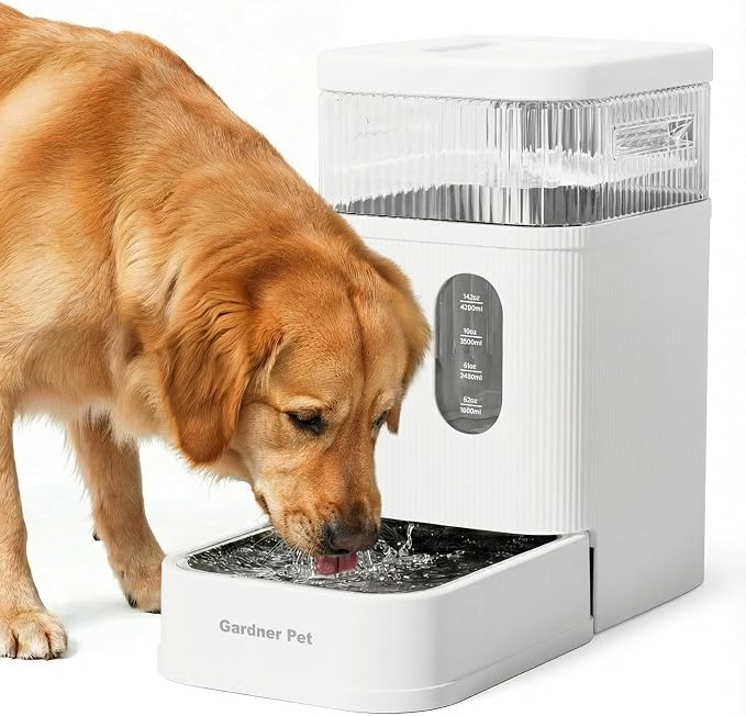 Gardner Pet 2.2 Gallon Automatic Dog Water Bowl Dispenser 8.5L Gravity Water Feeder with Stainless Steel Bowl & Maifan Stone Filter, BPA-Free for for Cats and Dogs (White, 2.2 Gallon)