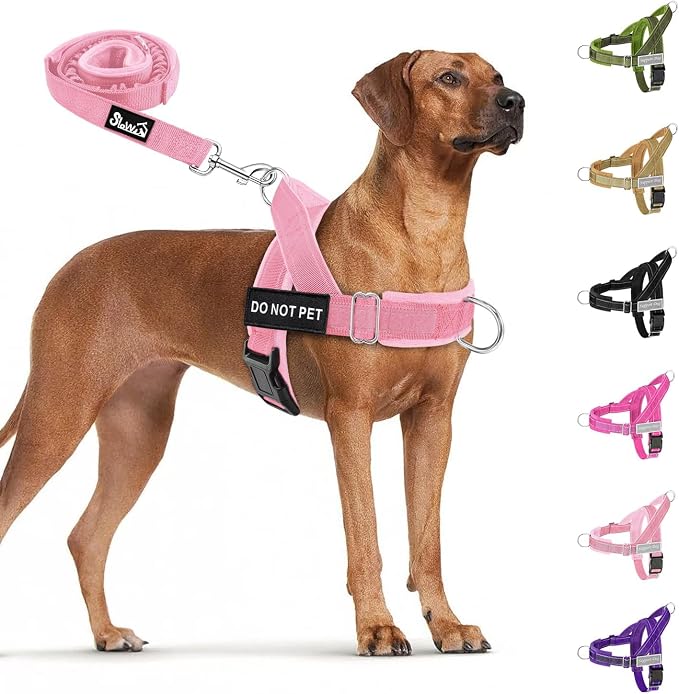 SlowTon No Pull Dog Harness - Heavy Duty Dog Harness and Leash Set for Medium Large Dogs, Reflective Tactical Harness with Soft Padded and Front Clip for Easy Walk and Training (Pink, L)