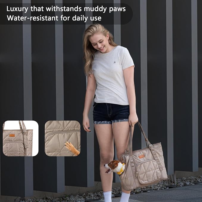Dog Purse Carrier for Small Dogs, Dog Tote Bag Carrier, Puppy Purse, Camel | Hard Bottom Support, Safety Tether, Multiple Pockets, Luggage Strap, Fits Pets Up to 10 lbs, For Travel Shopping Daily Outing