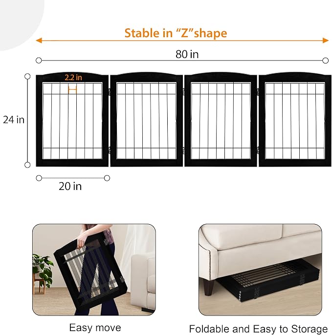 LZRS 4-Panel Extra-Wide Wooden Freestanding Dog Gate: Foldable Solid Wood and Steel Wire Chew Resistant Safety Barrier for Doorways, Stairs, and Large Open Spaces Indoor Use, Black