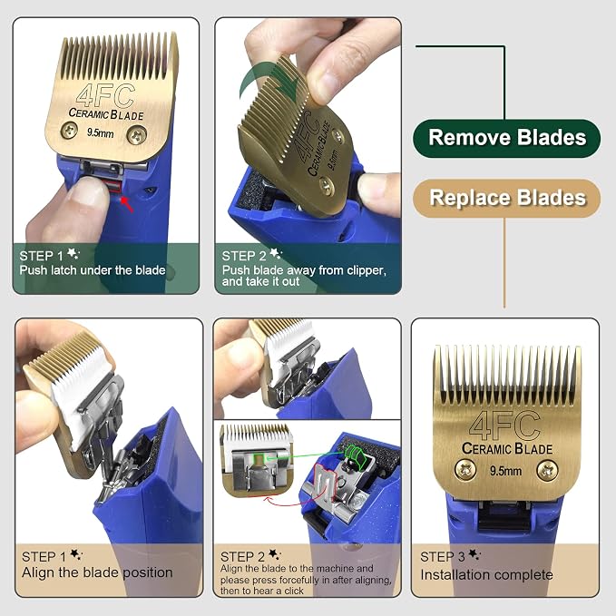 Gold Detachable Dog Blades Set Compatible with Andis/Oster A5 Grooming | Compatible with wahl km10 dog clipper,Made of Ceramic Blade & Stainless Steel Blade,Include 7FC/5FC/4FC/3FC 4 Pack
