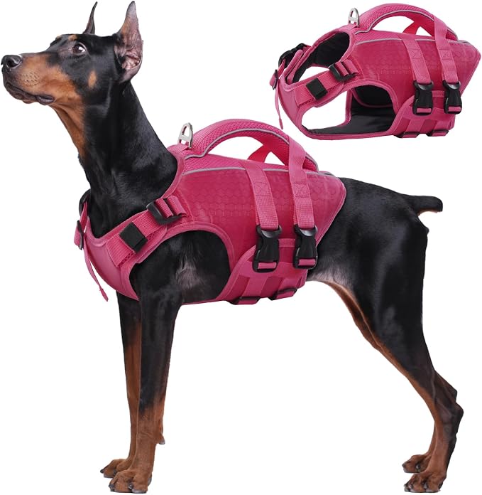 Kuoser Dog Life Jacket, High Flotation Reflective Dog Life Vest, Rose, XXL | Adjustable Dog Lifejackets for Small Medium Large Dogs, Lifevest with Rescue Handle for Swimming, Boating, Lake, Beach & Pool
