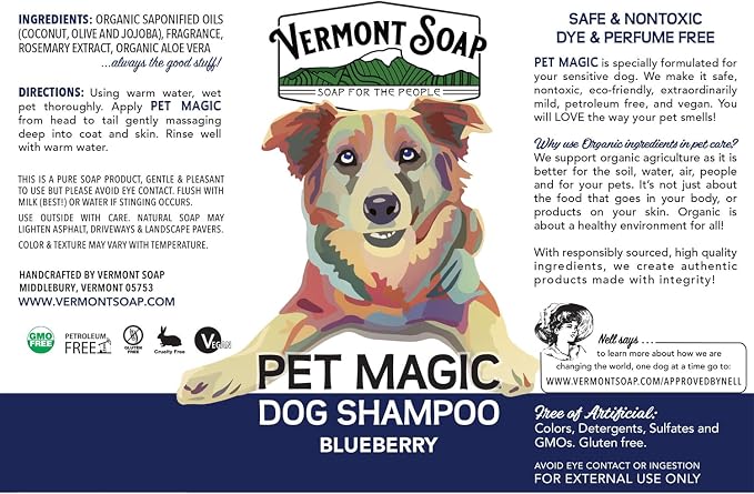 VERMONT SOAP Organic Pet Shampoo, Blueberry Natural Dog Shampoo, 640 oz | Organic olive oil, coconut & aloe vera, blueberry scent, gentle pet cleansing, USDA Certified Organic, sensitive skin formula