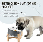 SPUNKYJUNKY 15° Slanted Ceramic Dog and Cat Bowl with Wooden Stand, Tilted Bulldog Food and Water Bowl No Slip Non-Spill for Cats Medium Dogs Big Face Pets 28.7 OZ (3.6 Cups, White-Grey × 2)