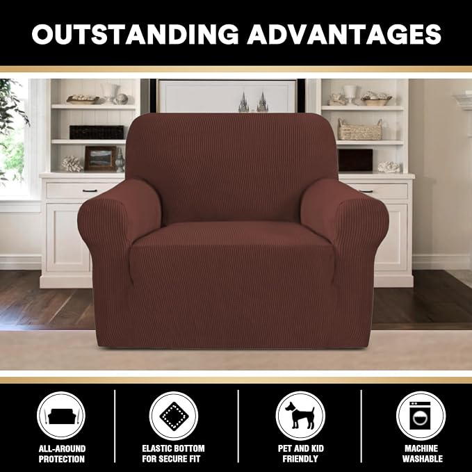 Stretch Chair Covers for Living Room, Washable Armchair Slipcovers, Fitted Chair Slip Cover Jacquard Small Checked Furniture Protector with Elastic Bottom(Armchair 31"-40",Burnt Brick)