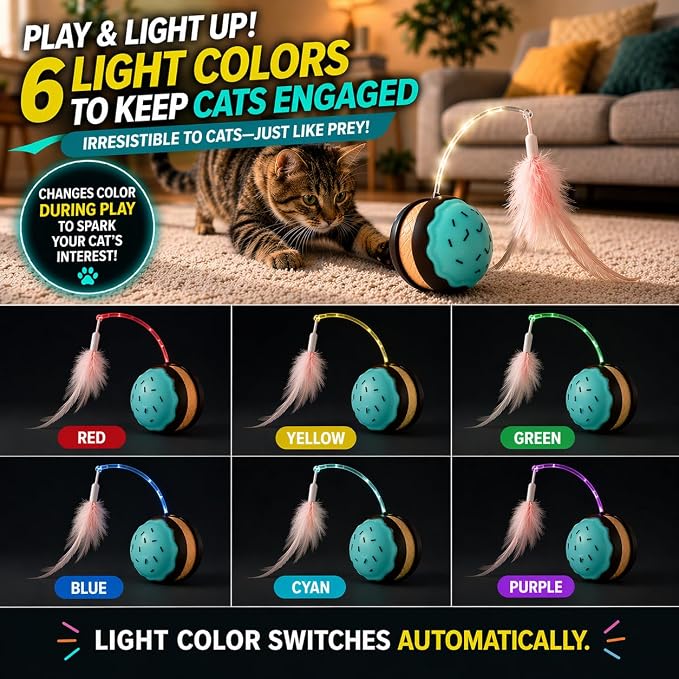 Interactive Cat Toys for Indoor Cats, Automatic Rechargeable Rolling Ball | Realistic Bird Chirping Sound, 6-Color Breathing Light Wand, Feather & Tail Attachments included, Large 3-Inch Ball Design
