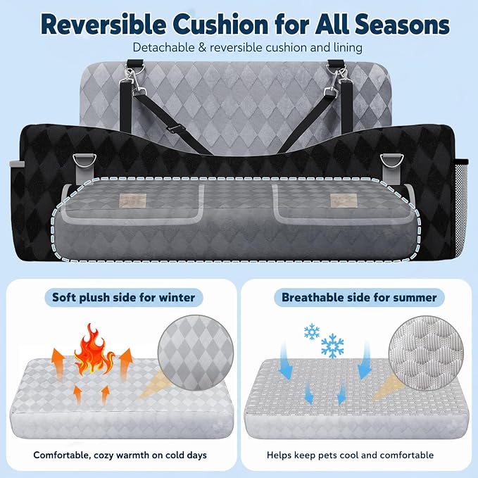 Dog Car Seat for Medium & Large Dogs Up to 55 lbs, Pet Booster Seat with 4 Storage Pockets, Travel Dog Car Bed with Memory Foam Cushion, Reversible Cover, Non-Slip Base for SUV Back Seat