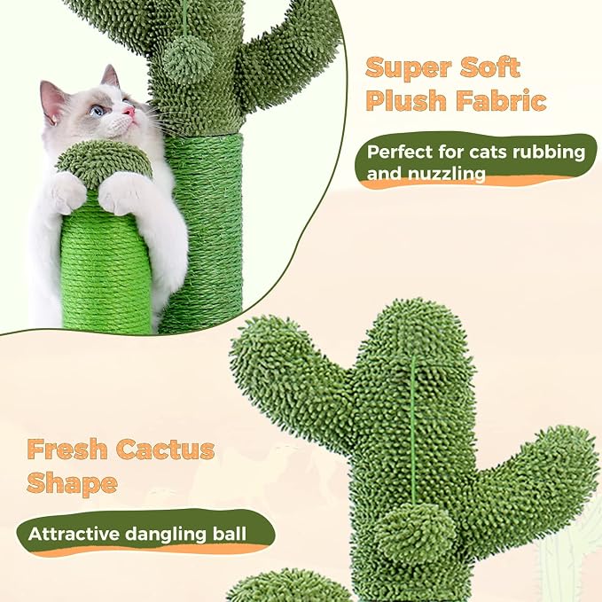 PAWZ Road Cactus Cat Scratching Post 27”Cat Scratcher with Toy Ball | Cactus Cat tree with 3 Sisal & Carpet Thick Scratching Posts, Double Layer Base, Interactive Ball for Adult and Indoor Cats