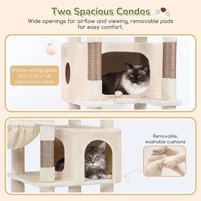 Globlazer Heavy Duty Cat Tree, 74in Sturdy Cat Tower for Large Cats Adult, Big Cat Tree with 7 Sisal Scratching Posts, 2 Padded Condos, 2 Dual-Ear Hanging Baskets, Enlarged Top Perch, S74, Beige