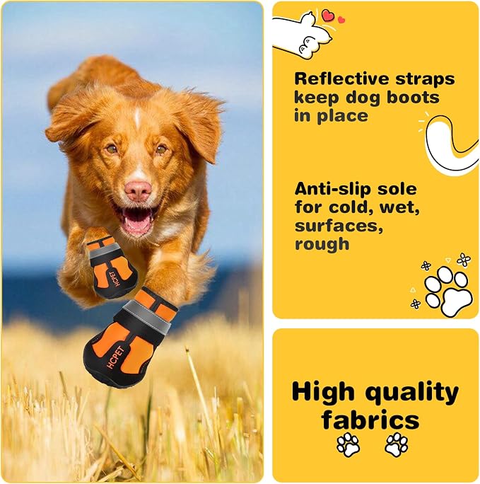 Hcpet Dog Boots, Dog Shoes for Large Dogs, Medium Dog Boots & Paw Protectors, Anti-Slip Dog Booties for Hot Pavement Winter Snow Hiking with Reflective Straps Orange Size 8