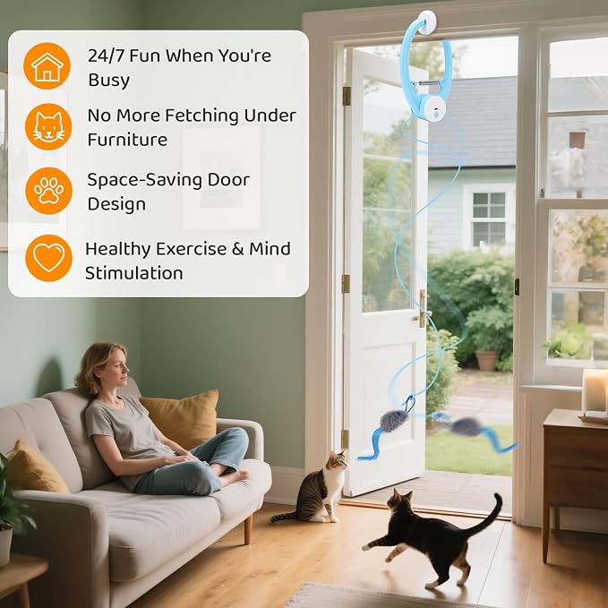 Automatic Interactive Cat Toys for Indoor Cats Hanging Cat Toy, Blue | 2 Electric Fluttering Mouse Feather Wands, USB Rechargeable, Adjustable Strings, 360° Rotation for Bored Kittens & Adult Cats