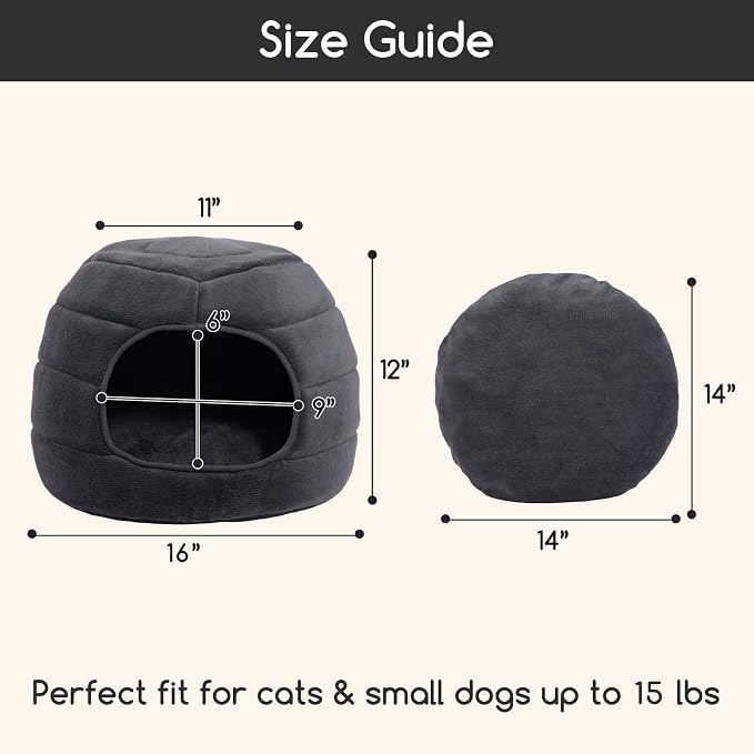 Hollypet Cat Bed Cave for Indoor Cats for Pets up to 15 lbs, Gray | Warm Cat Bed Cats Igloo Cave Condo, Covered Kitty House with Removable Washable Cushion, Cozy Enclosed Pet Bed for Small Dogs
