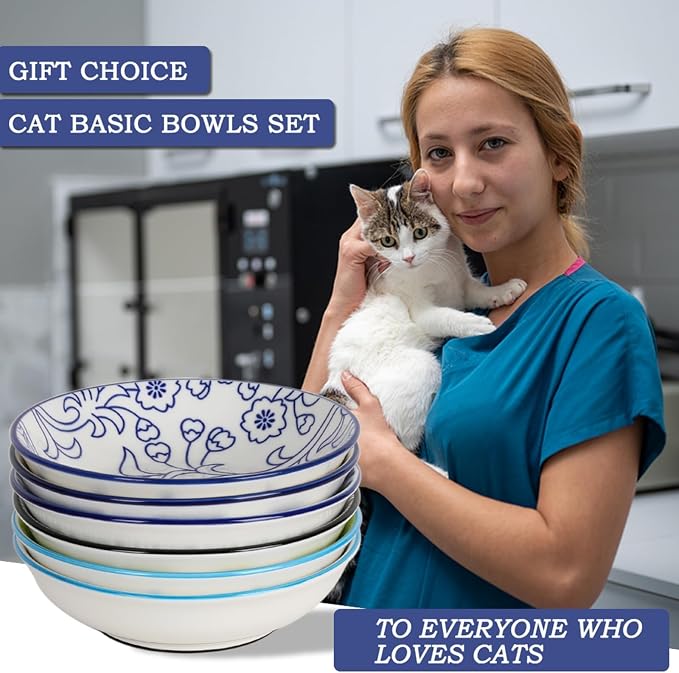 Ceramic Cat Food Bowls, 6 Pack 5.7-in Non-Slip Cat Dishes for Food, Water | Food-Safe Ceramic, Shallow Whisker-Friendly Plates For Wet Meals, Kibble, Multi-Cat Homes, Dishwasher And Microwave Safe