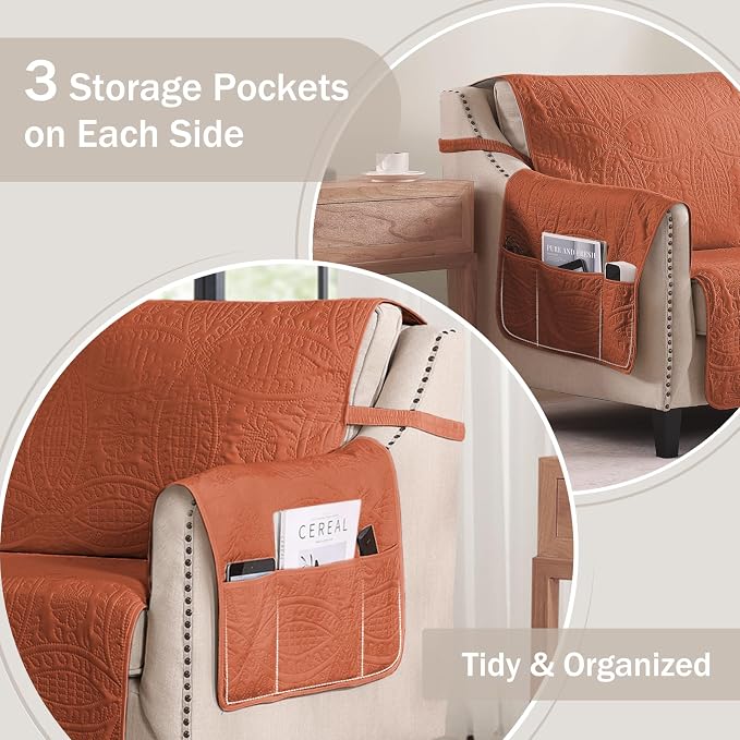 Quilted Recliner Chair Covers, Soft Lazy Boy Chair Covers, Water-Repellent Recliner Covers, Pet Friendly Chair Cover for Dogs Cats, Washable Sofa Protector (Recliner 22", Burnt Orange)