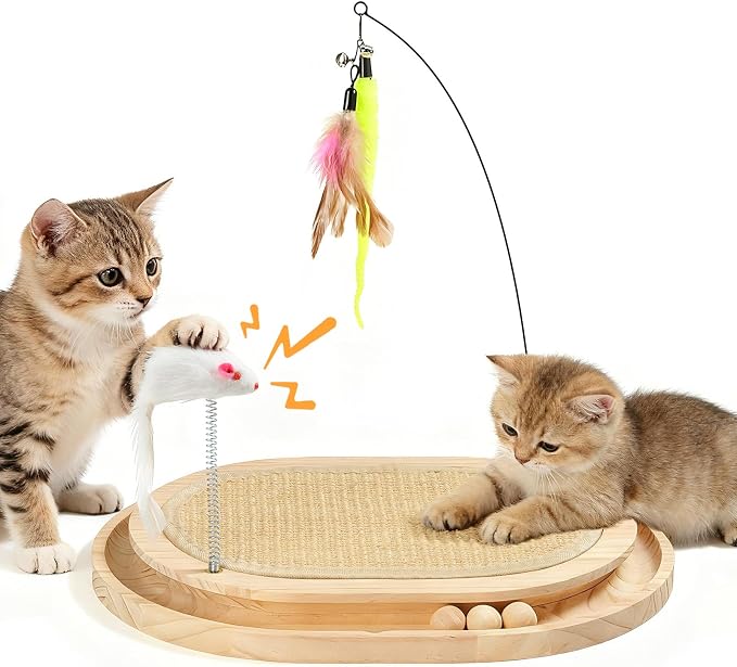 Cat Scratcher, Sisal Scratching Pad Kitten Cat Ball Track Toy | 3 Spring Plush Toys for Chasing Hunting Exercise, Round Wooden Non-Slip Cat Scratchers for Indoor