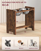 Vantic Elevated Dog Bowls, Adjustable Bowl Stand Medium, Rustic Brown | Particle Board Raised Dog Bowl Stand with 2 Stainless Steel Bowls for Medium Dogs