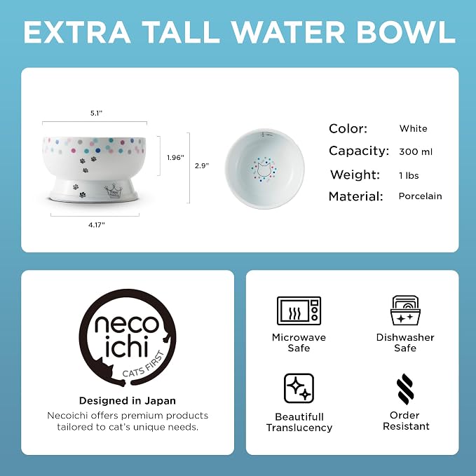 Necoichi Raised Cat Water Bowl, Whisker-Friendly (Colorful Dots, Regular)