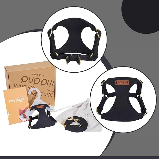 Puppytie Dog Harness and Leash Set, Black, M (16.5-31 lbs) | Harness Small Size Dog, Dog Leash for Small Dogs, Soft Lightweight and Adjustable, Small Dog Harness for Daily Walks
