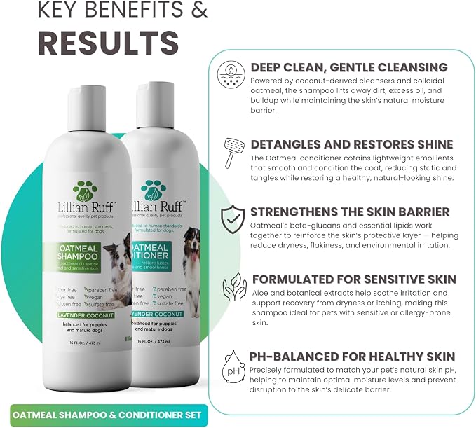 Lillian Ruff PRO Formula Deodorizing Oatmeal Dog Shampoo & Conditioner Set - Calm Itching & Allergies, Ultra-Nourishing Dry Skin Relief - Oatmeal, Aloe, Coconut Oil, Lavender & Provitamin B5, USA Made