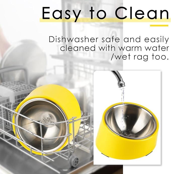 SuperDesign Mess Free 15° Slanted Bowl for Dogs and Cats, Tilted Angle Bulldog Bowl Dog Feeder, Non-Skid & Non-Spill, Easier to Reach Food L/2 Cup Bright Yellow