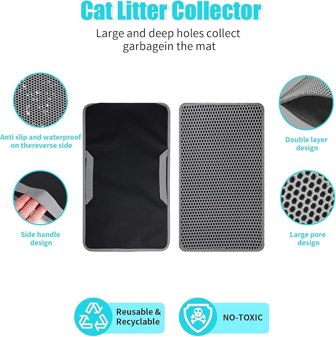 Cat Litter Mat 22"x14.5", Double Layer Waterproof Litterbox Mat, Gray | Non-slip backing, washable for easy cleanup, traps stray litter with waterproof honeycomb large grid that is urine-proof.