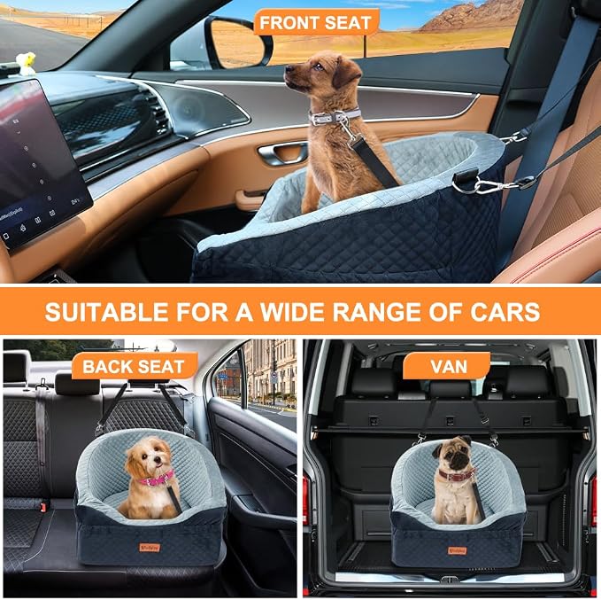 Vivifying Dog Car Seat for Small & Medium Dogs, Detachable & Washable Booster Seat for Pets Up to 25lbs, Travel Bed with Storage Pockets and Safety Belt – Gray&Black