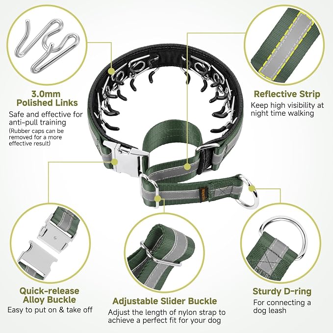 Mayerzon Martingale No Pull Dog Collar with Alloy Buckle, Green, M, 3mm | For Medium Large Dogs that Pull, Patented Dog Walking Training Collar, Thick Foam Padding, Reflective, Adjustable, 1.5'' Wide