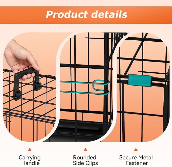 FDW 24-Inch Dog Crate for Small Dogs, Double Door Folding Metal Wire Pet Kennel with Divider Panel & Leak-Proof Plastic Tray, Black