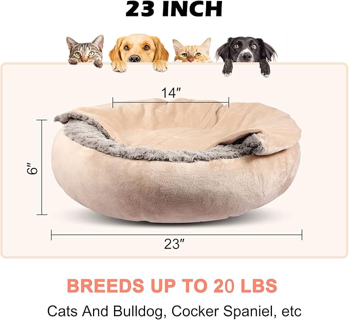GASUR Small Dog & Cat Bed, 23'' Donut Pet Bed Mat with Hooded Blanket, Anti-Anxiety Burrow Cave Bed, Cozy Puppy Bed, Machine Washable, for Indoor Pets up to 20lbs