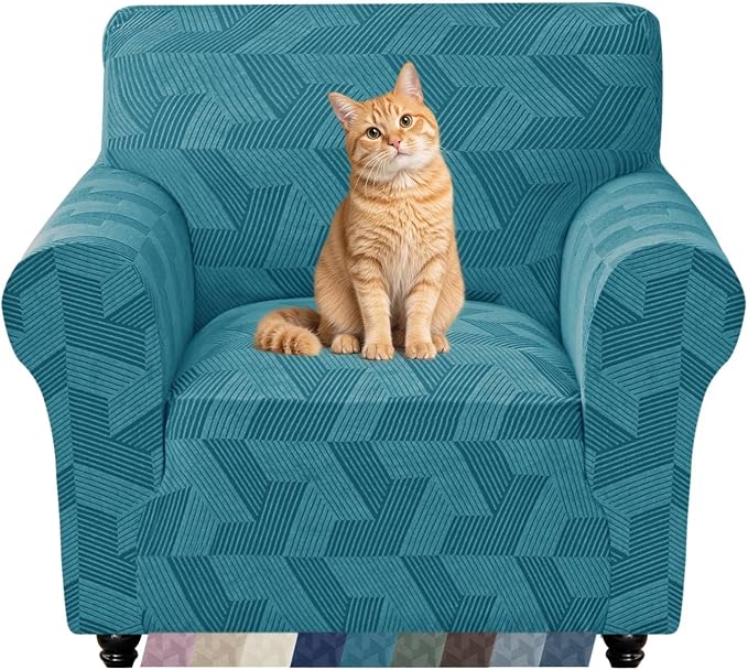 ZNSAYOTX Stretch Armchair Covers for, 1-Piece Chair Slipcovers for Living Room, Furniture Protector with Elastic Bottom for Dogs Cats Kids Geometrical Jacquard Fabric (Small, Peacock Blue)