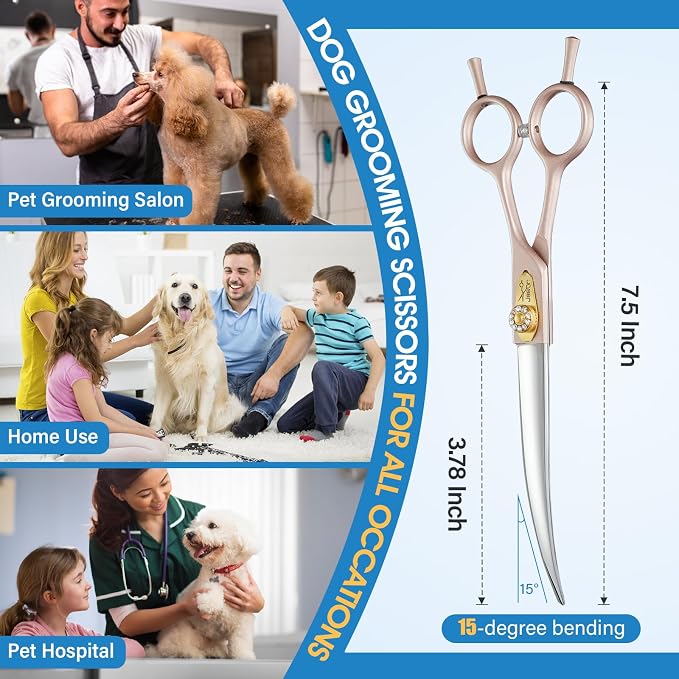 JASON Dog Grooming Curved Scissors - 7.5" Professional Pet Shears Ergonomic | Japanese 440C Stainless Steel Scissor with Diamond Screw for Dogs, Cats and Other Animals, Gift, Ergonomic Handle