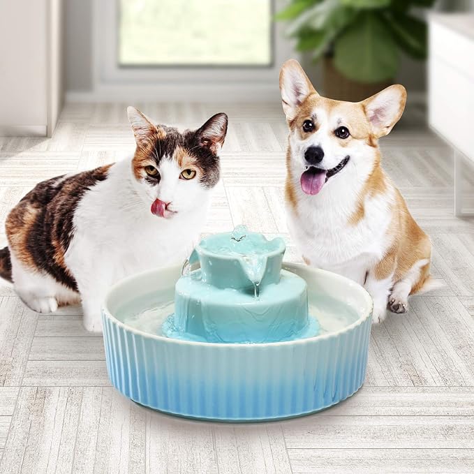 2.1L Ceramic Cat Water Fountain-for Cats and Dogs, 360 Ceramic Pet Fountain-70 Oz Large Water Capacity - Whisper-Quiet Water Flow-Great for Shy or Timid Pets - Fresh, Filtered Water (Blue)
