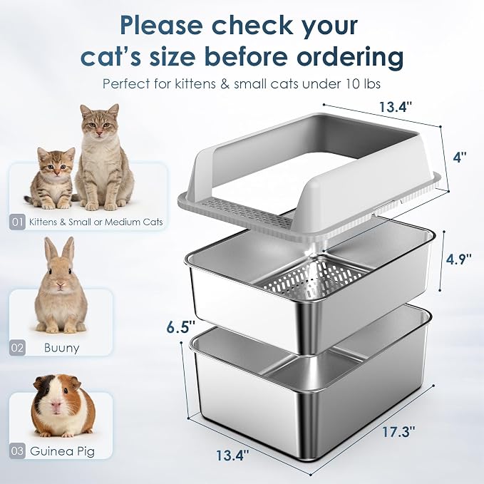 2PK Stainless Steel Litter Box with Lid, High Sided Sifting Litter Boxes for Pine Pellets, 17.3"x13.4"x10.5" Enclosed Metal Litter Box for Small Cats & Multi‑Cat Homes, Anti-Leakage, Easy Cleaning