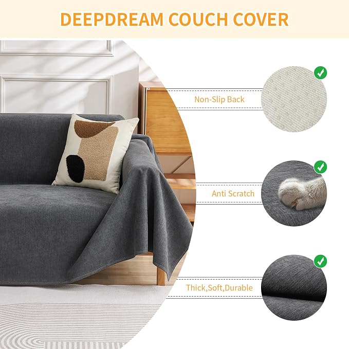 Deep Dream Cat-Scratch Resistant Couch Cover, Waterproof Sofa Cover for 3 Cushion Couch Washable, Pet Friendly Couch Protectors Anti Slip Thickened Sofa Slipcovers for Dogs Pets, 91" x 150", Dark Grey
