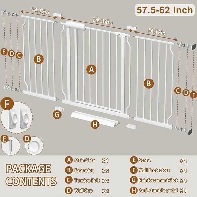 Fairy Baby Extra Wide Baby Gate for Doorways Auto Close Safety Gates for Bedroom, Fits 57.5 Inch to 62 Inch with Pressure Mounted Extention Kit, White | Pressure Mounted No Drill Pet Gate with Door, Heavy Duty Walk-Through Gate for Toddlers, Kids, Dogs...