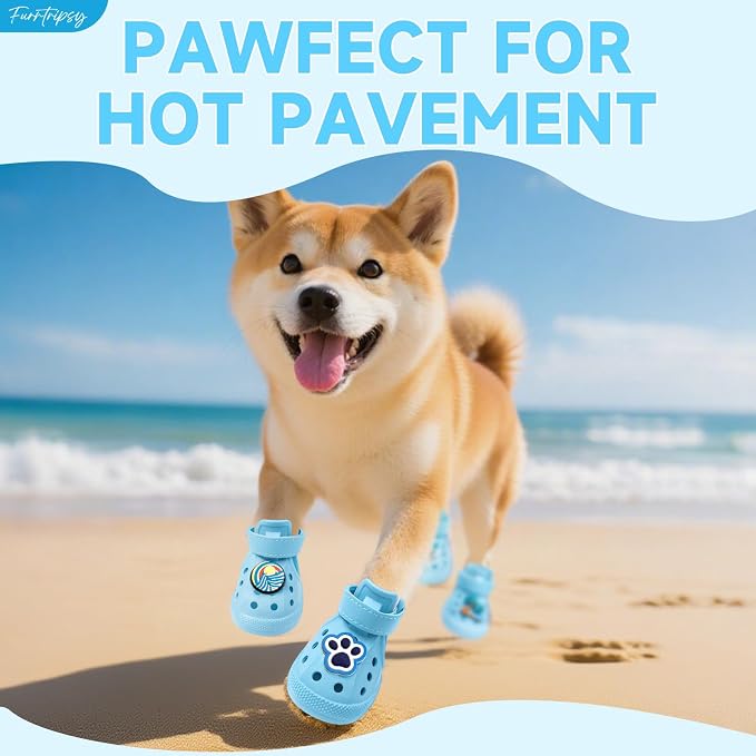 Dog Shoes,Non-Slip Waterproof Sandals for Hot Pavement, Breathable Perforated Boots,Adjustable Straps Dog Rain Booties for Summer Beach and Rainy Day(Blue,#6)
