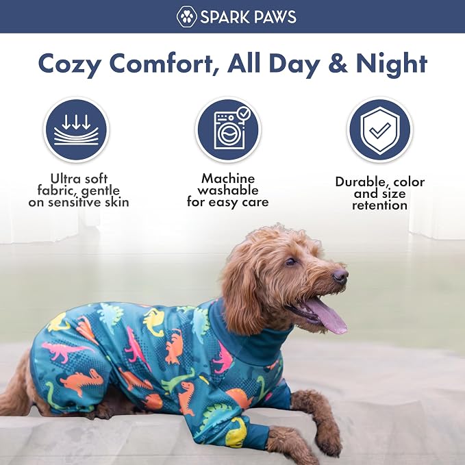 Spark Paws Dog Pajama, Dog Recovery Suit Male, Onesie, Ultra-Soft and 4-Way Stretch, for Small Medium and Large Breeds - Dinosaurs - XL