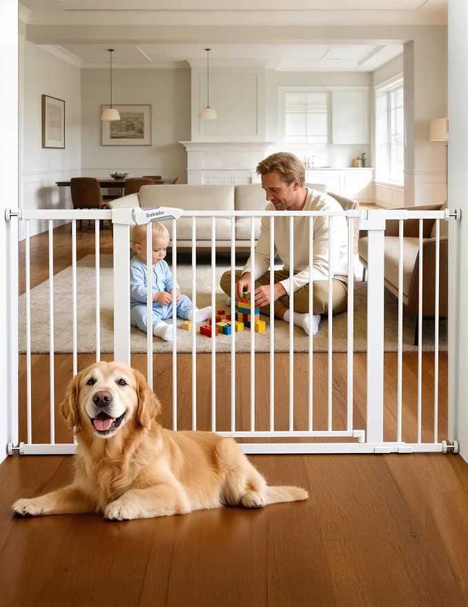 Babelio 36-57" Extra Wide Baby Gate for Stairs No Drilling, Dog Gate Indoor | Pressure/Wall Mount; Triple-lock System; Auto-close; 200N Impact Tested; Easy Install for Doorways, Kitchen, Hallway, White