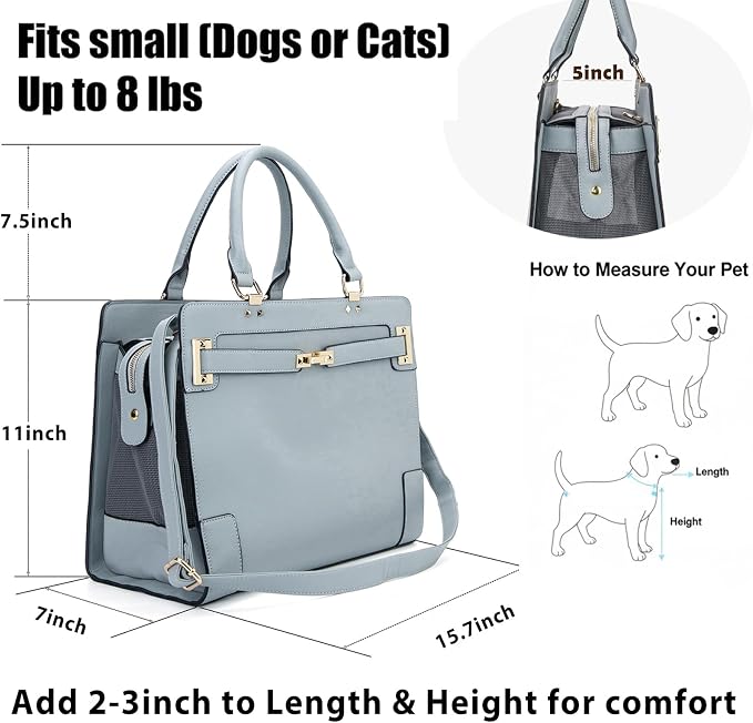 Fashion Pet Carrier Dog Cat Carrier Purse Soft-Sided Leather Handbag Pet Tote Bag for Small Dogs Puppy and Cats TSA Airline Approved (Grey)