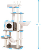 Hey-brother Wooden Cat Tree Tower with Hammock for Indoor Cats, MPJ120SG | 66.14 Inches Modern Scratching Post with Large Condo, Plush Top Platform, Cozy Basket, Bed, Hanging Toys, Rustic Gray