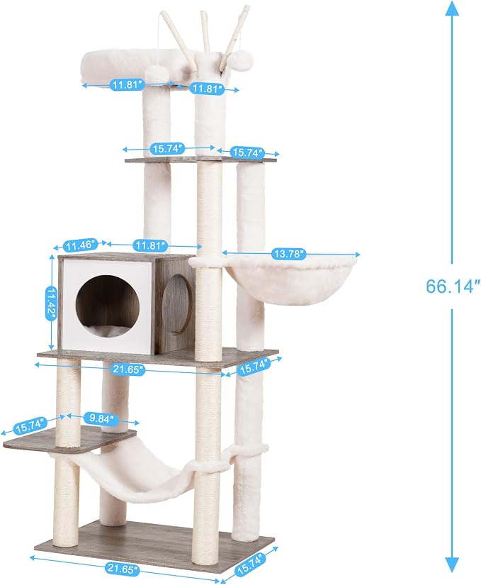 Hey-brother Wooden Cat Tree Tower with Hammock for Indoor Cats, MPJ120SG | 66.14 Inches Modern Scratching Post with Large Condo, Plush Top Platform, Cozy Basket, Bed, Hanging Toys, Rustic Gray