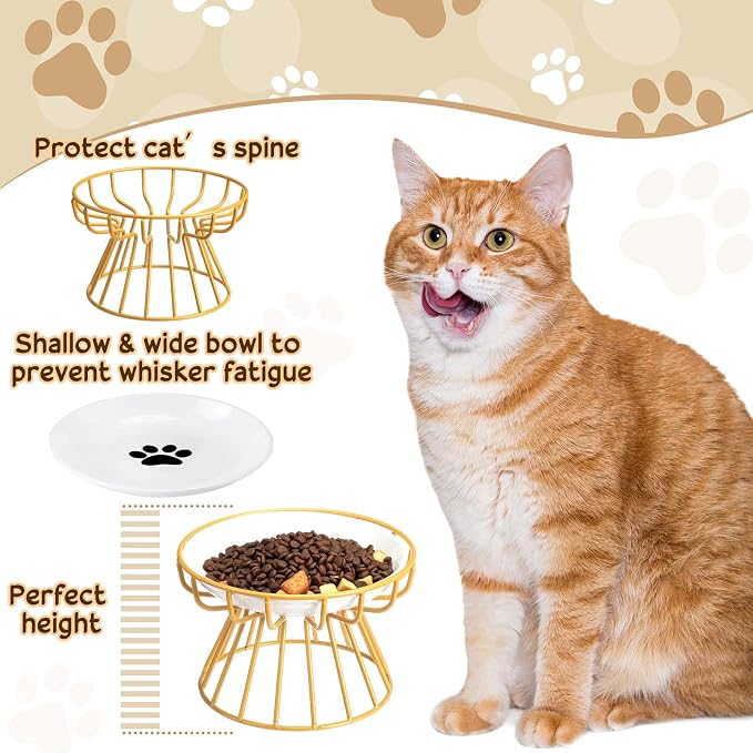Roshtia 4 Sets Elevated Cat Bowls Ceramic Raised Cat Food Bowls with Metal Stand Dishwasher Safe Dishes Non Slip Elevated Food Plate(Gold,Paw)