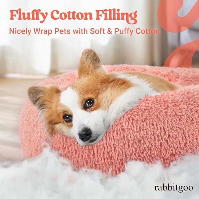 rabbitgoo Calming Cat Beds for Indoor Cats, 30 inches, Pink | Soft Warm Donut, Fluffy Faux Fur, Supportive Raised Rim, Anti-slip, Machine Washable, Up to 45lbs Pets